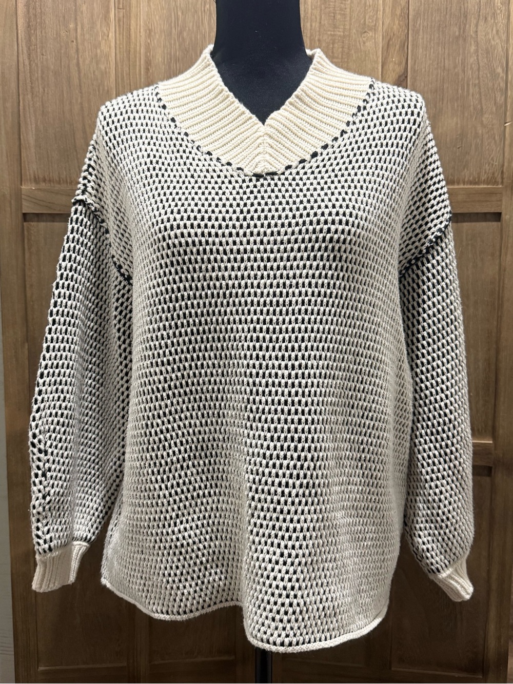 Women's Free People Oversized V-Neck Knit Sweater in Cream and Black